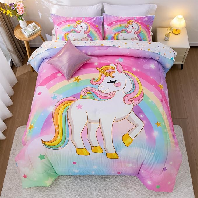 Aimuan Girls Unicorn Comforter Set 6 Pieces Pink Purple Bedding Set with Rainbow Star Galaxy Stars Fantasy Children Room Decor Soft Reversible Bed Sets for Boys/Girls/Teens (Rainbow Full6Pcs)