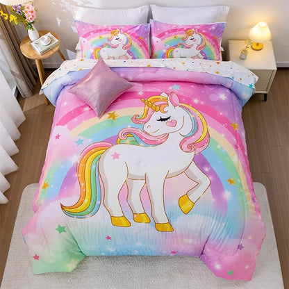 Aimuan Girls Unicorn Comforter Set 6 Pieces Pink Purple Bedding Set with Rainbow Star Galaxy Stars Fantasy Children Room Decor Soft Reversible Bed Sets for Boys/Girls/Teens (Rainbow Twin6Pcs)