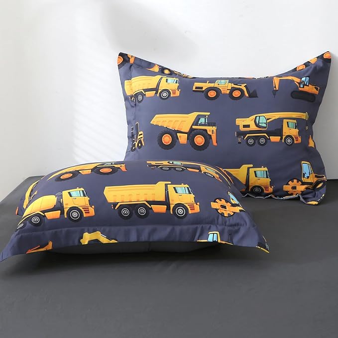 Wajade 7 Piece Construction Truck Kids Comforter Set for Boys Full Size 3D Vehicles Excavator Cars Bedding Set for Kids Teens(1 Comforter, 1 Flat Sheet, 1 Fitted Sheet, 2 Pillowcase and 2 Pillow Sham)