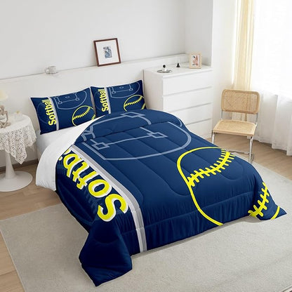 Feelyou Kids Softball Comforter Set Full Size Sports Game Bedding Set for Boys Girls Teens Bedroom Decor Baseball Comforter Women Men Softball Gaming Duvet Set with 2 Pillow Case