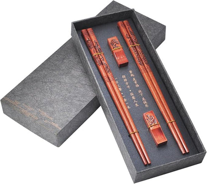 Dragon & Phoenix Reusable Chopsticks Set with Holders - Wooden Chopsticks 2 Pairs for Wedding & Anniversary Gift (Dragon and Phoenix)