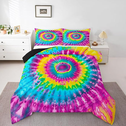3 Piece Rainbow Tie Dye Comforter Set with 2 Pillowcases Boho Psychedelic Bedding Set for Kids Girls Teens Bohemian Gypsy Exotic Spiral Quilted Duvet Soft Comfy, Watercolor Art Down Comforter,Queen