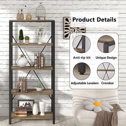 FOLUBAN 5 Tier Tall Bookshelf, Industrial Vintage Book Shelf, Rustic Wood and Metal Bookcase for Home Office Bedroom, Oak