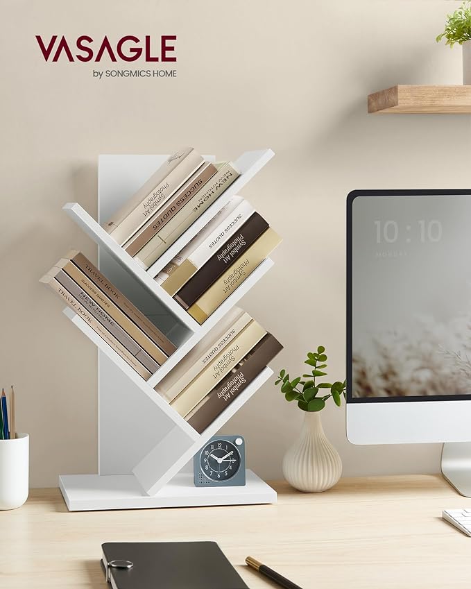 VASAGLE Tree Bookshelf, 5-Tier Bookcase, Small Bookshelf, Space-Saving Corner Shelf, Book Tree, Holds Books, CDs, Games, for Bedroom, Living Room, Home Office, Cloud White ULBC183T14
