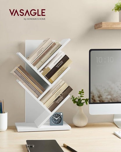 VASAGLE Tree Bookshelf, 5-Tier Bookcase, Small Bookshelf, Space-Saving Corner Shelf, Book Tree, Holds Books, CDs, Games, for Bedroom, Living Room, Home Office, Cloud White ULBC183T14