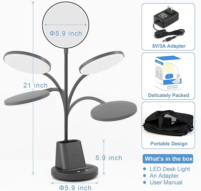 Sailstar Desk Lamp, Desk Lamps for Home Office with Wireless Charger & Pen Holder, 800 Lumens Gooseneck 3 Modes Dimmable Touch Circular LED Desk Light, Small Desk Lamp for College Dorm Room, Black