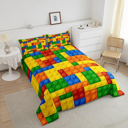 Feelyou Games Comforter Set Twin Size Building Blocks Bedding Set for Kids Boys Girls Colorful Geometric Toy Brick Comforter Gaming Nursery Quilt Duvet Set with 1 Pillowcase Boys