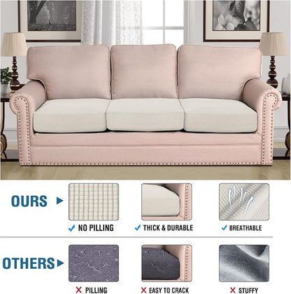 H.VERSAILTEX Super Stretch Individual Seat Cushion Covers Sofa Covers Couch Covers Slipcover Sets Thick Jacquard Textured Twill Fabric (3 Piece XL Sofa Cushion Covers, Porcelain)