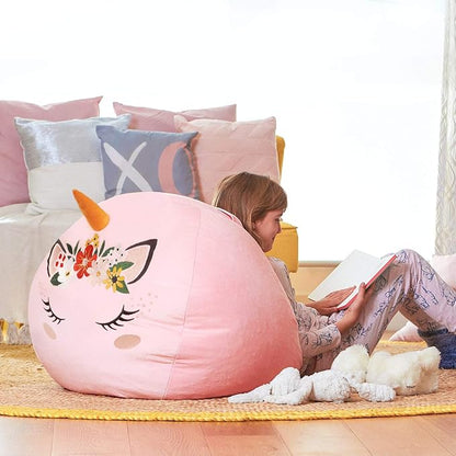 Aubliss Stuffed Animal Storage, Velvet Bean Bag Chairs Cover, X-Large 38" Ultra Soft Kids Toy Storage Organizer for Blankets Towels Clothes, Unicorn Pink Floral