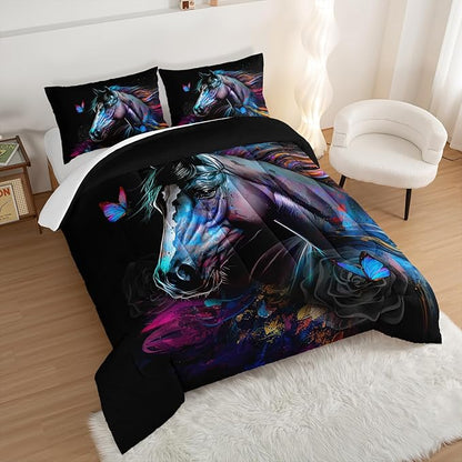 HOSIMA 3 Pieces Art Horse Comforter Set with 2 Pillowcases,Wildlife Horse Butterfly Black Comforter Boys Teens Aesthetic Room Decor,Animal Bedding Full Size Bed in a Bag Sets for adults.