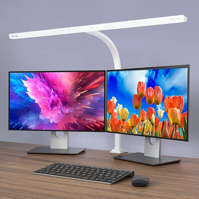 Quntis LED Desk Light, 31.5'' Super Bright Wide Desk Lamps for Home Office, 20W Dimmable 5 Brightness & 4 Color Architect Clamp Task Lamp, Flexible Gooseneck Office Light for Monitor Workbench Studio