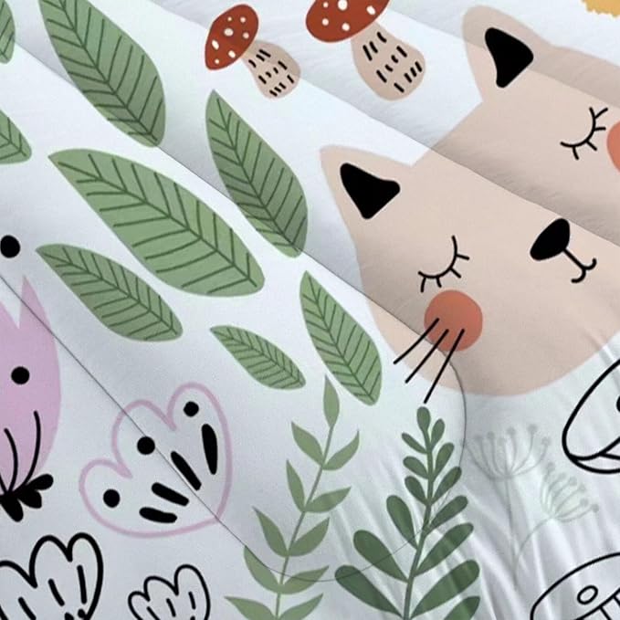 Floral Cartoon Cat Comforter Set Bedding Twin Size for Girls Boys Kids Children Green Animals Print Bedroom Dorm Quilt 1 Comforter + 1 Pillow Case