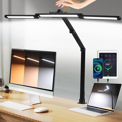 Desk Lamp with Hand-Sweep Sensor Desk Lamps for Home Office Desk Lamp with Clamp with 2 USB C+A Ports 24W LED Desk Light Clip On Desk Lamp with Timer, 3 Colors, 7 Brightness Dimmable Lamp For Desk