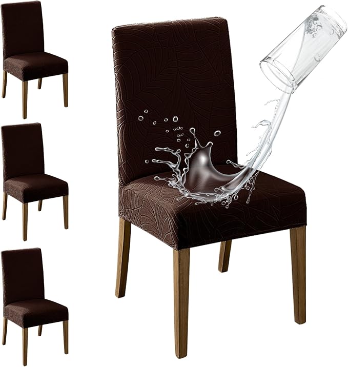 MOSAYT 100% Waterproof Dining Room Chair Covers Set of 4, Super Fit Stretch Jacquard Parson Chairs Slipcovers Removable Washable Chair Seat Protectors for Home, Kitchen, Banquet (Chocolate)