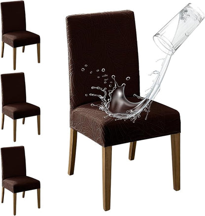 MOSAYT 100% Waterproof Dining Room Chair Covers Set of 4, Super Fit Stretch Jacquard Parson Chairs Slipcovers Removable Washable Chair Seat Protectors for Home, Kitchen, Banquet (Chocolate)
