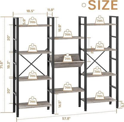 Shintenchi Industrial Bookcase,71.6” Triple 4 Tier Bookshelf with 11 Open Display Shelves,Large Etagere Bookshelf Open Record Player Shelves,Wide Book Shelf Book Case for Home & Office, Grey
