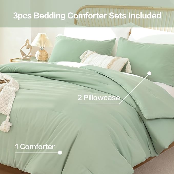 ROSGONIA Full Size Comforter Sets for Girls Boys Teens Sage Green, 3pcs(1 Comforter & 2 Pillowcases), Soft Kids Comforter Sets All Season Dorm Bedding
