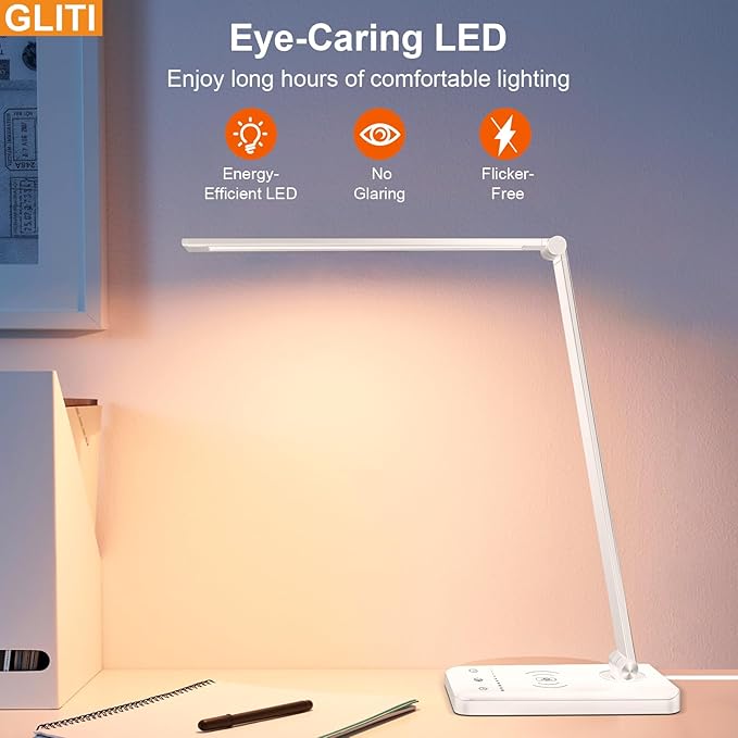 LED Desk Lamp with Wireless charging，Dimmable Desk Light, 5 Light Colors, 6 Brightness Levels, Touch Control Table Lamp with USB Rechargeable,Auto Timer, for College Dorm, Home, Office