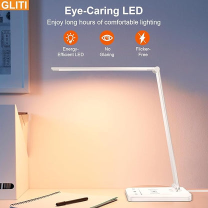 LED Desk Lamp with Wireless charging，Dimmable Desk Light, 5 Light Colors, 6 Brightness Levels, Touch Control Table Lamp with USB Rechargeable,Auto Timer, for College Dorm, Home, Office