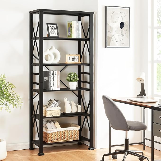 HOMBAZAAR Bookshelf, 6-Tier Industrial Bookshelf, Etagere Bookcases and Bookshelves, Tall Bookshelf Storage Organizer, Freestanding Bookshelf for Living Room, Bedroom and Home Office，Black