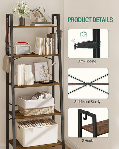 Ladder Shelf, Bookshelf Bookcase, Freestanding Corner Storage Shelve with 2 Hooks for Home Office, Living Room, Kitchen, Bedroom, Industrial, 5-Tier Rustic Brown BC19301B
