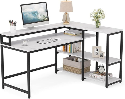 Reversible L Shaped Computer Desk with Storage Shelf, Industrial Corner Desk with Monitor Stand for Home Office