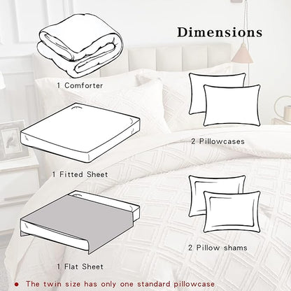 7 Pieces Tufted Bed in a Bag Queen Comforter Set with Sheets Beige, Soft and Embroidery Shabby Chic Boho Bohemian, Luxury Solid Color with Diamond Pattern, Jacquard Tufts Bedding Set for All Season