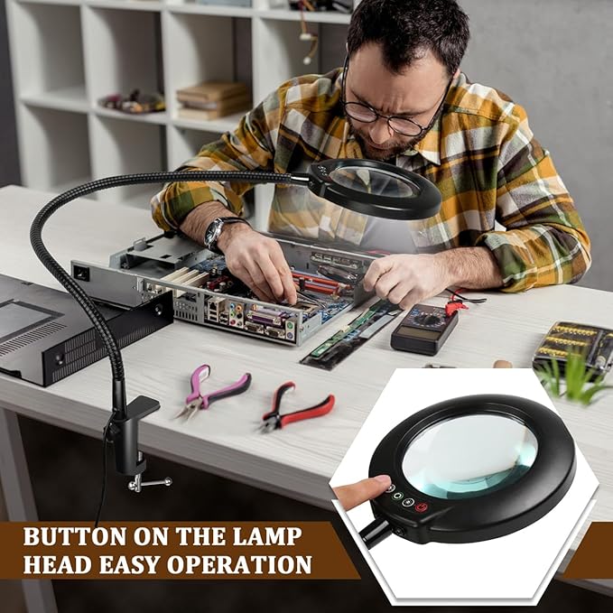 VEEMAGNI 10X Magnifying Glass with Light and Clamp, 23" Gooseneck 5 Color Modes Stepless Dimmable LED Desk Lamp, Real Glass Table Lighted Magnifier Hands Free for Craft Painting Sewing Close Work