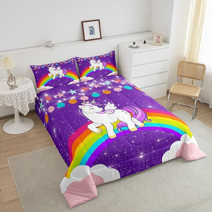 Kids Unicorn Comforter Set Queen Cartoon Rainbow Bedding Set for Girls Children Purple Cute Unicorn Glitter Down Comforter Kawaii Galaxy Stars Fantasy Geometric Room Decor Bedding Comforters & Sets