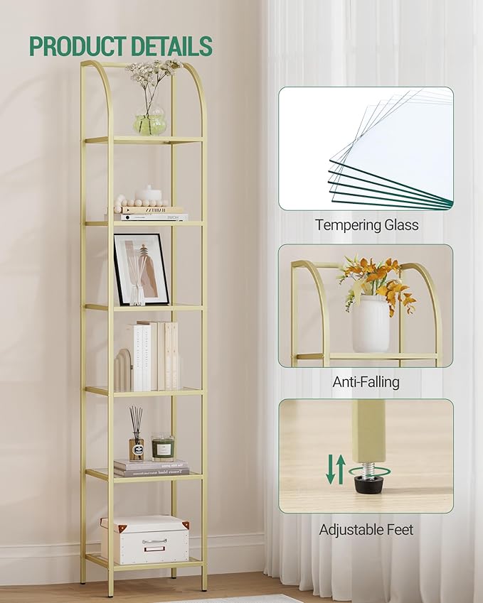 Bookcase Bookshelf, Tempered Glass Arched Bookshelf for More Storage, Slim Shelving Unit for Bedroom, Bathroom, Home Office, Steel Frame, 6 Tier Gold BC20699G