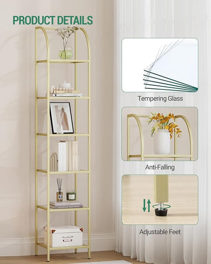 Bookcase Bookshelf, Tempered Glass Arched Bookshelf for More Storage, Slim Shelving Unit for Bedroom, Bathroom, Home Office, Steel Frame, 6 Tier Gold BC20699G