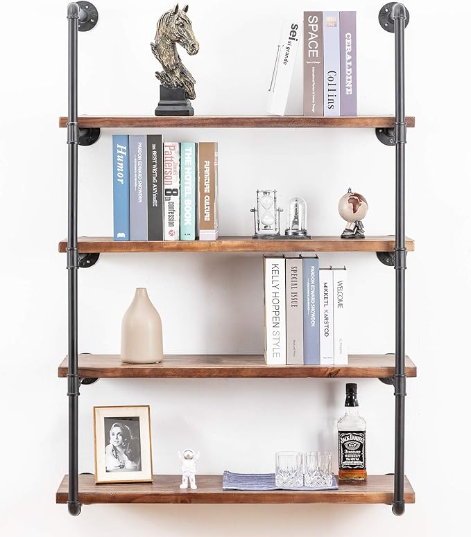 Industrial Wall Mounted Pipe Shelving,Rustic Metal Floating Shelves,Steampunk Real Wood Bookcases,DIY Bookshelf Hanging Shelves,Farmhouse Kitchen Bar Office Home Storage (5-Tier with 4 Boards,36in)