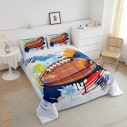Boys Football Comforter Set Queen Kids Teen Sports Bedding Set Bedroom Decor,Watercolor Tie Dye Hand Drawn Graffiti Football Bedding Comforter Sets Rugby Quilt Duvet 2 Pillow Cases Colorful Brown