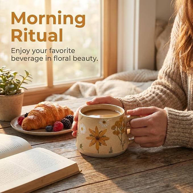 Ceramic Coffee Mug, 13oz Floral Design Pottery cute mugs, Ideal Gift for Women unique vintage pretty coffee mugs (Graceful Bloom)