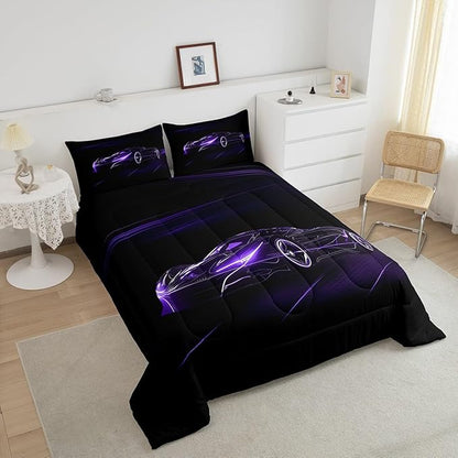 Feelyou Dull Purple Race Car Bedding Set King Size for Kids Boys Extreme Sport Games Comforter Set Teens Toddler Fast and Furious Duvet Set Cool Modern Quilt Set 3Pcs