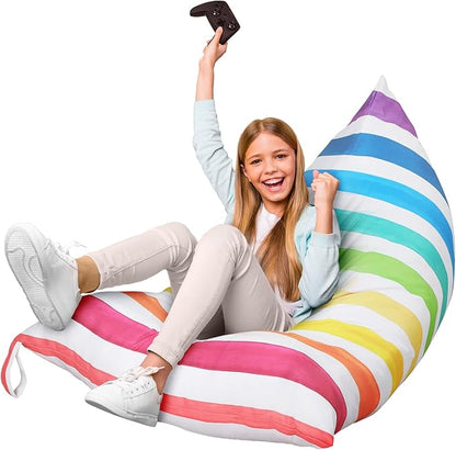 Stuffed Animal Storage Bean Bag Chair Cover Organizer Extra Large Beanbag Stuffed Animal Holder Canvas Stuff Animal Storage Sleeping Storage Bean Bag Chair Without Filling for Kids (Rainbow Style)