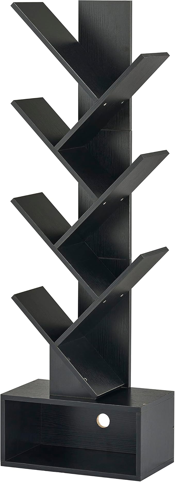Hoctieon 6 Tier Tree Bookshelf, Tall Bookcase with Drawer, Freestanding Book shelf, Display Floor Standing Storage Shelf, Book Organizer Shelves for Home Office, Living Room, Bedroom, Black