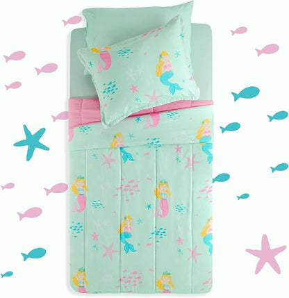 SLEEP ZONE 3 Pieces Comforter Set, Breathable & Super Soft All Season Kids Comforter Set, Cartoon Design for Children, Girls, Easy Care, Washable (Mermaid Princess, Full/Queen)
