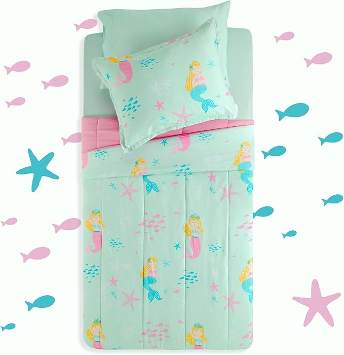 SLEEP ZONE Kids Bedding Comforter Set, Cute Pattern & Super Soft 2 Pieces Bedding Sets, All Season for Girls, 1 Comforter, 1 Pillowcase, Fade Resistant (Mermaid Princess, Twin)