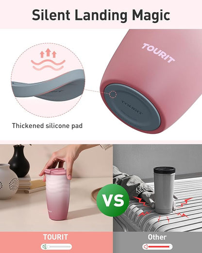 TOURIT 16 oz Travel Coffee Mug, Vacuum Insulated Stainless Steel Tumbler with Ripple-Wave Anti-Slip Grip, Built-in Silicone Bottom for Quiet & Stable, Leak-Proof Lid, Fits Car Cup Holder, Lilac