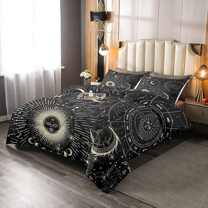 Erosebridal Bohemian Sun Moon Comforter Set Queen Size, Constellation Down Comforter, Starry Sky Quilted Duvet, Exotic Style Black Room Decor Duvet Insert,Super Soft Breathable