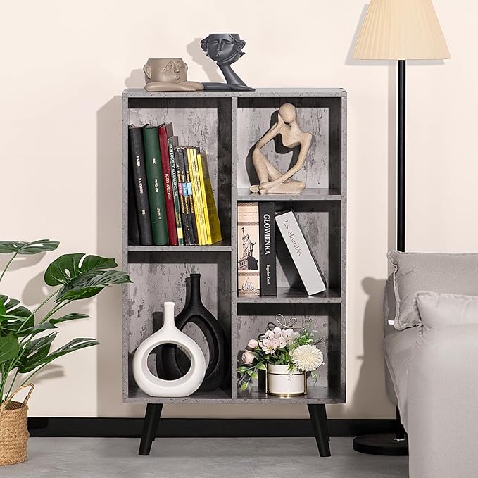 5 Cube Small Bookshelf,3 Tier Mid-Century Modern Bookcase with Legs,Wood Bookshelves Storage Organizer Shelf,Free Standing Narrow Book Shelves,Rustic Grey Corner Bookcases for Bedroom,Living Room