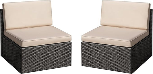 Greesum 2 Piece Patio Conversation Set Wicker Rattan Furniture Outdoor Sofa with Cushions,Pillows and Glass Table for Porch,Lawn and Yard, Beige