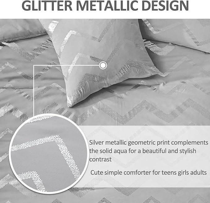 Grey and Silver Comforter Set King Size, Metallic Print Geometric Bedding Set, 4 Piece Lightweight Microfiber Comforter for Teen Girls Boys Women (2 Pillow Shams + 1 Decorative Pillow Sham)