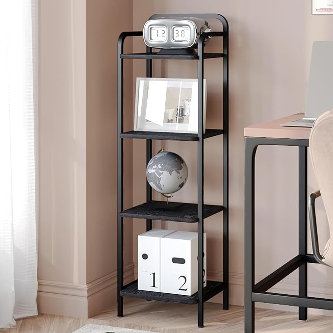 Bookcase Bookshelf, 4-Tier Narrow Book Shelf, Industrial Coner Shelf Storage Organizer, Slim Shelving Unit for Home Office, Living Room, Bedroom, Kitchen, Black BC24404B