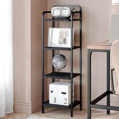 Bookcase Bookshelf, 4-Tier Narrow Book Shelf, Industrial Coner Shelf Storage Organizer, Slim Shelving Unit for Home Office, Living Room, Bedroom, Kitchen, Black BC24404B