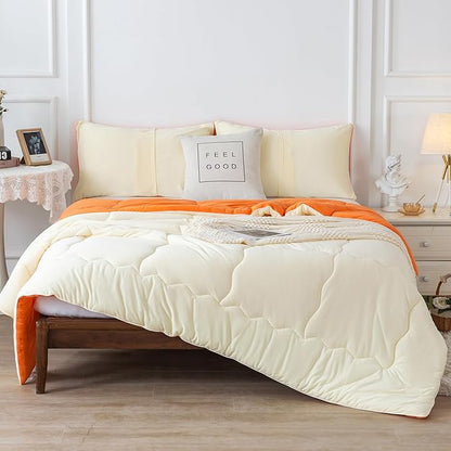 COTTEBED Reversible Ultra-Soft Bright Orange and Beige Comforter Set Queen, Jersey Knit T-Shirt Feel Bedding Blanket Down Conforters Sets & Pillowsham for Men Women All Season Use, Full/Queen Size Bed