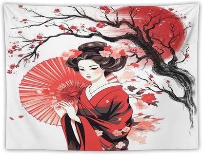 Japanese Red Geisha Tapestry Asian Cherry Blossom Traditional Kimono Folk Tapestries Home Decor for Living Room Bedroom Apartment Farmhouse Dorm 40"x30"