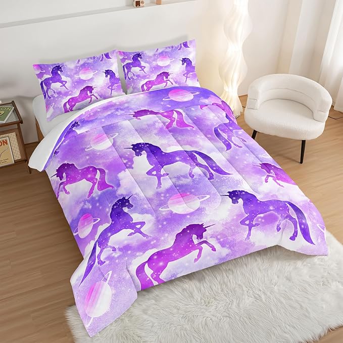 HOSIMA Purple Unicorn Twin Bedding Sets for Girls Kids,3 Piece Soft Microfiber Galaxy Comforter Princess Crib Bedding Set Unicorn Bedroom Decor for Girls Room,Planet Cloud Twin Bed in a Bag.