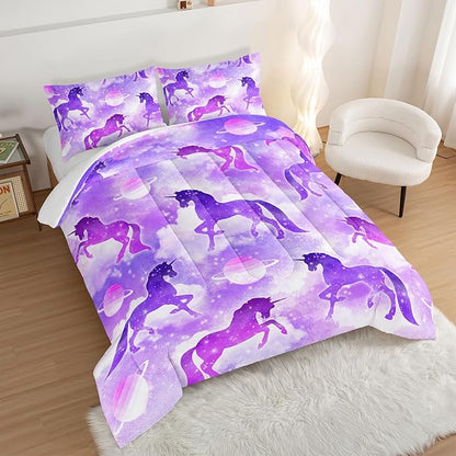 HOSIMA Purple Unicorn Twin Bedding Sets for Girls Kids,3 Piece Soft Microfiber Galaxy Comforter Princess Crib Bedding Set Unicorn Bedroom Decor for Girls Room,Planet Cloud Twin Bed in a Bag.